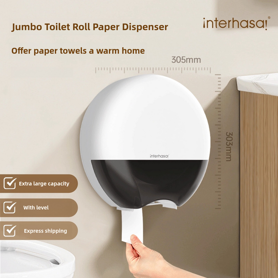 interhasa! Jumbo Roll Toilet Paper Dispenser. Wall-Mounted, Waterproof. for Various Places. Abs Plastic, White. Key Lock, Anti-Dust.