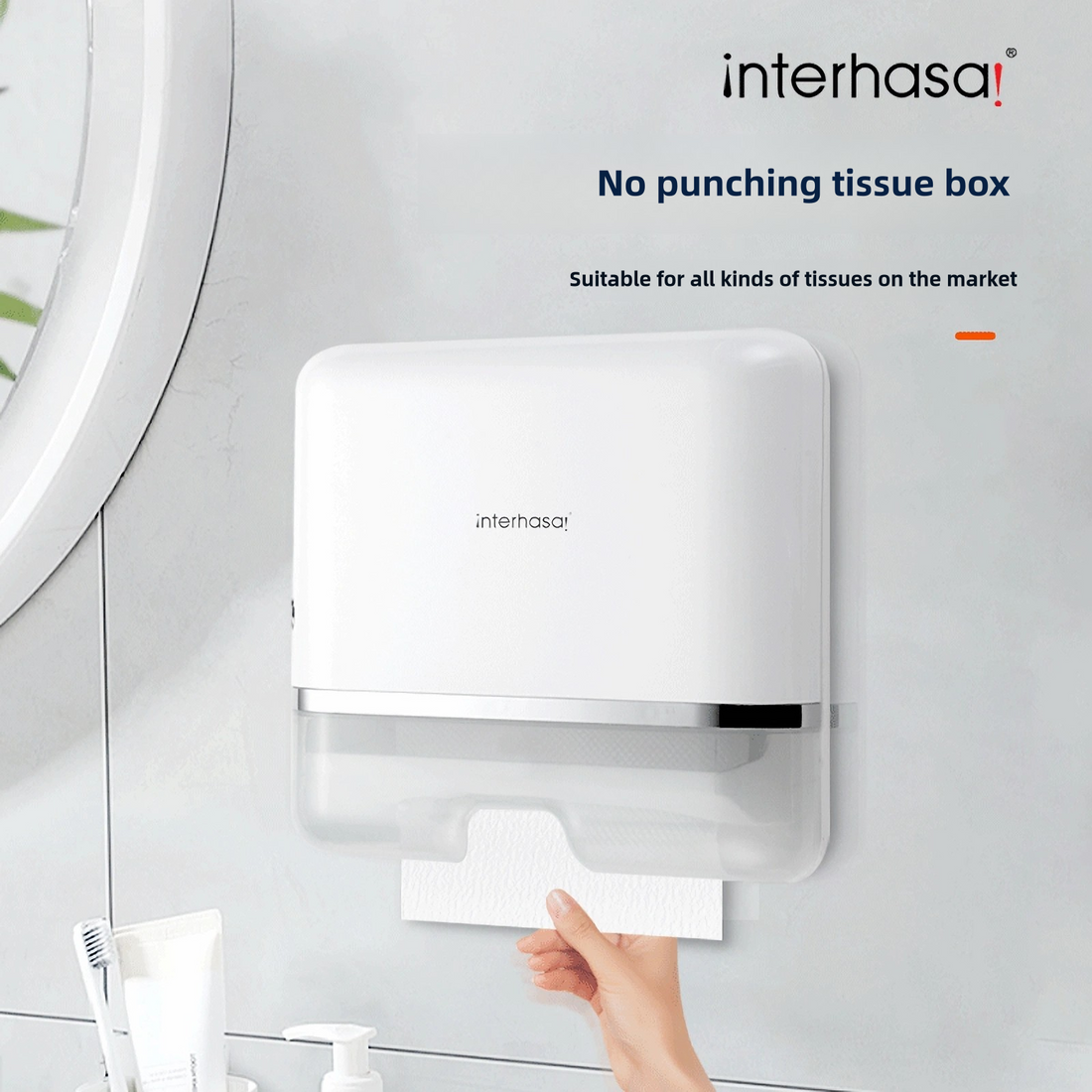 interhasa! Tissue DispenserWall-Mounted No-Drill Waterproof-Proof Large Capacity Hand Paper Dispenser with Safety Lock, White